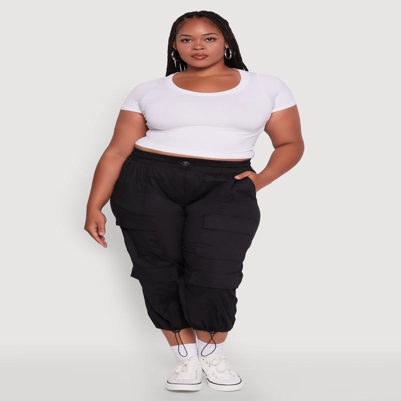 Plus Size Poplin Drawstring Hem Utility Capris