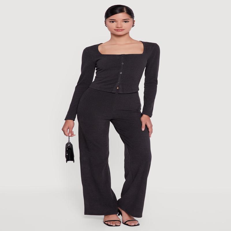 Brushed Knit High Waisted Wide Leg Pants