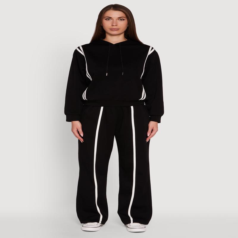 Contrast Trim Mid Rise Wide Leg Sweatpants