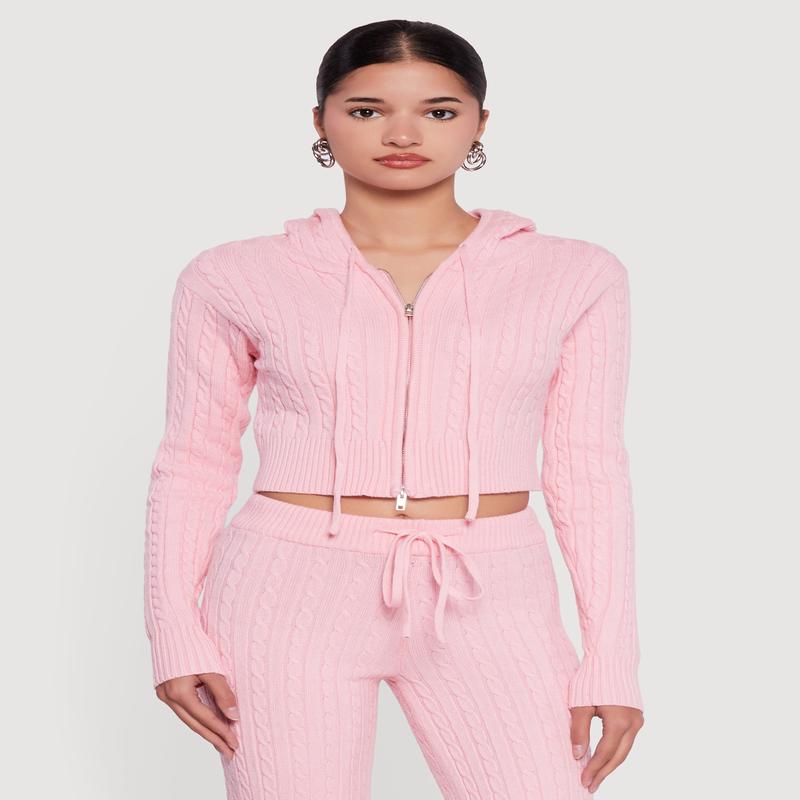 Cropped Rib Knit Trim Cable Knit Sweater Hoodie