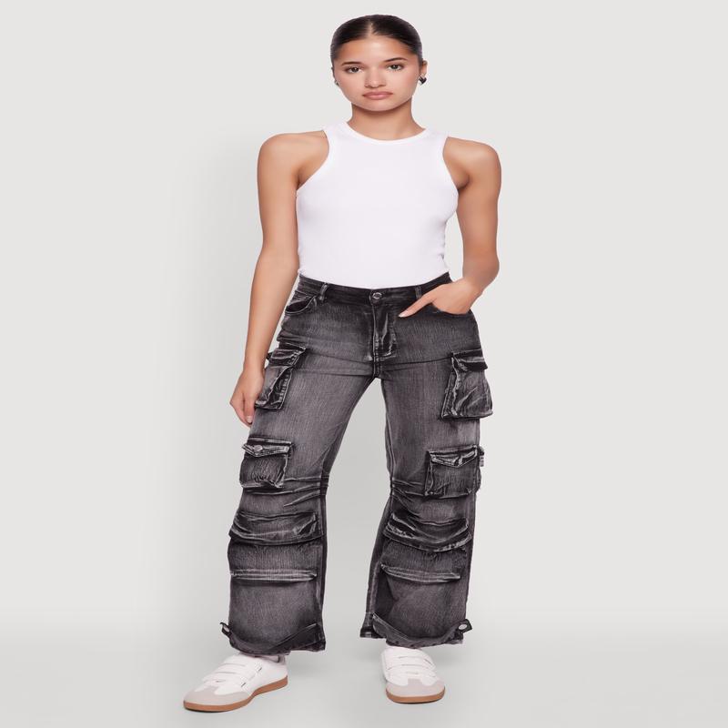 Daisy Acid Wash High Waisted Wide Leg Cargo Jeans