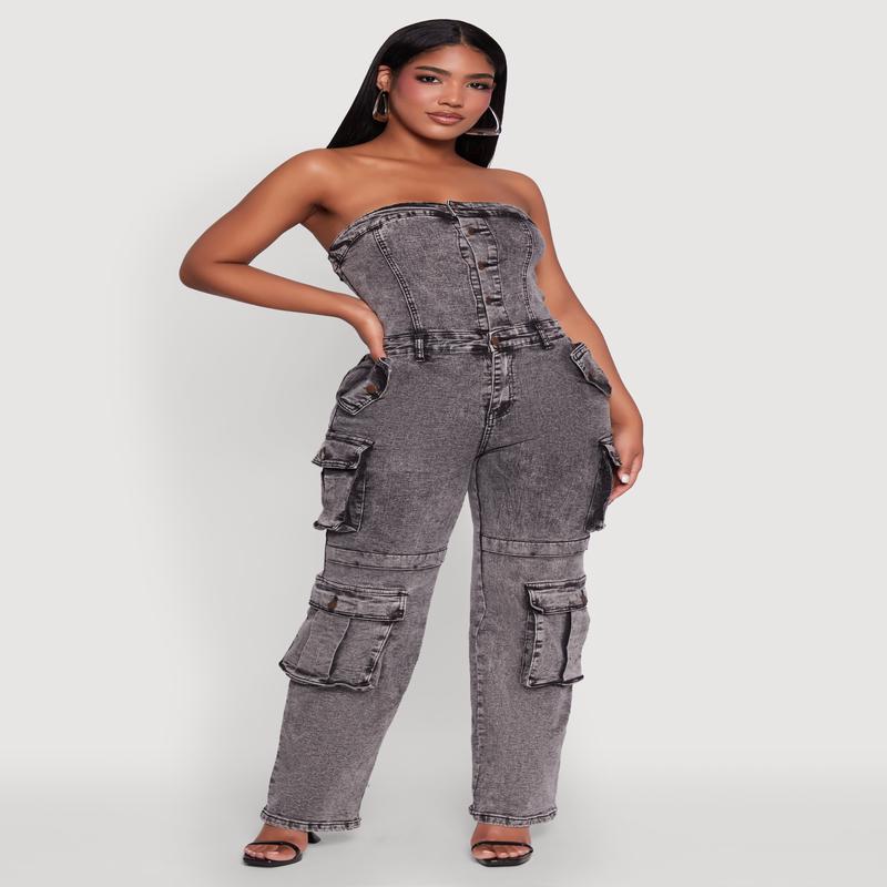 Daisy Mineral Wash Denim Jumpsuit with Cargo Pockets
