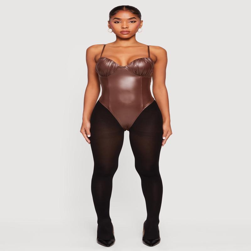 Leather Look Ruched Bustier Bodysuit