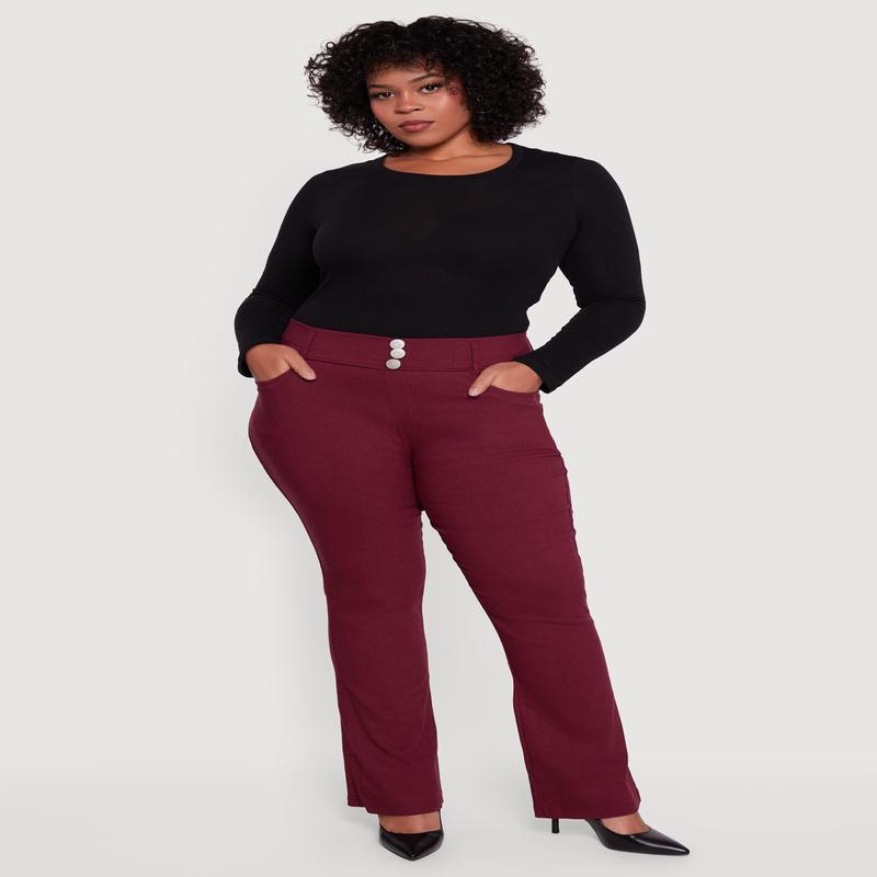 Plus Size Faux Button Boot Cut Dress Pants