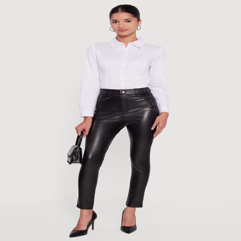 Solid Faux Leather Slim Fit Dress Pants