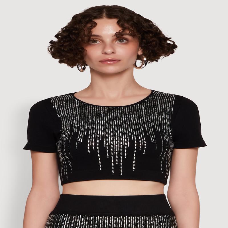 Chic Rhinestone Ribbed Knit Short Sleeve Crew Neck Tee