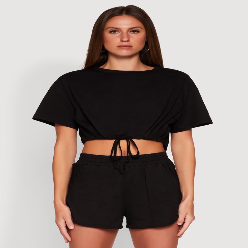 Daisy Short Sleeve Drawstring Hem Crop Top