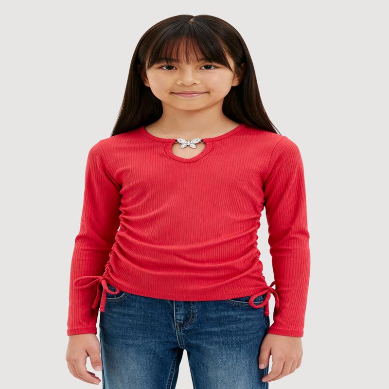 Girls Rhinestone Butterfly Keyhole Detail Ribbed Knit Tee