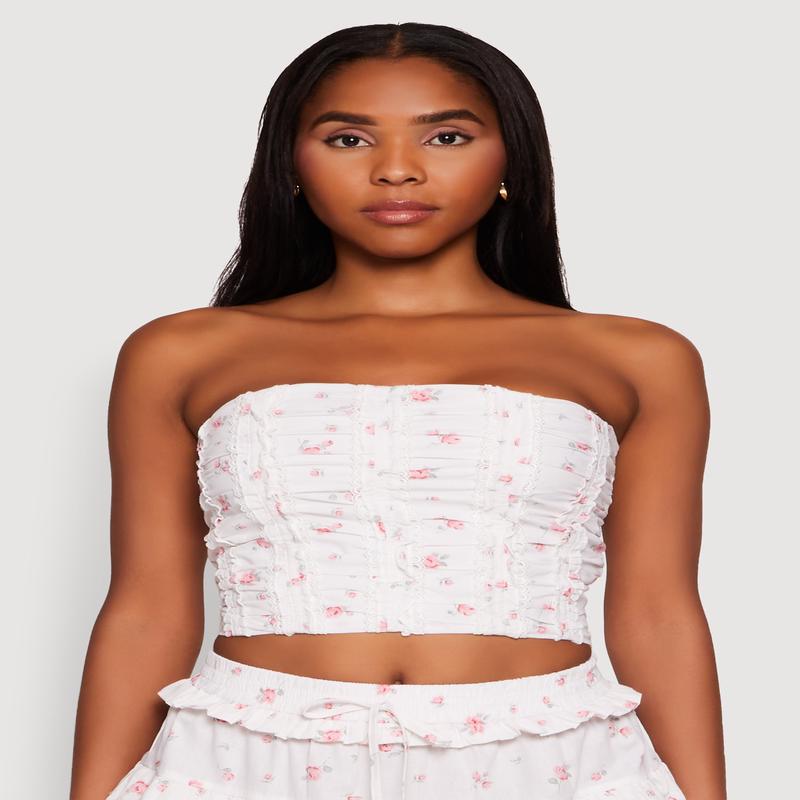 Iris Floral Print Lace Detail Cropped Tube Top