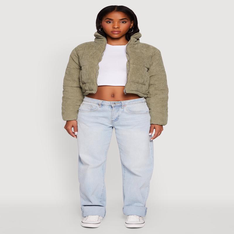 Mock Neck Zip Front Corduroy Puffer Jacket