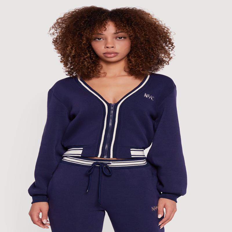 NYC V-Neck Zip Front Cropped Sweatshirt