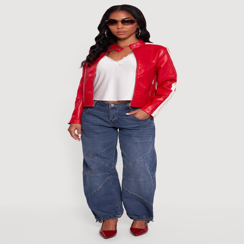 Stripe Detail Zip Front Moto Jacket