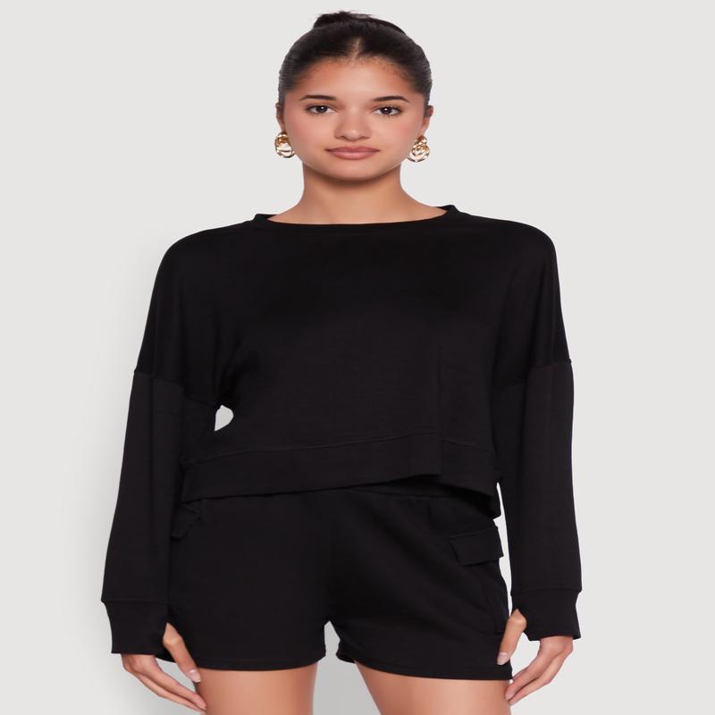 Stylish Long Sleeve Soft Knit Sweatshirt with Thumb Holes