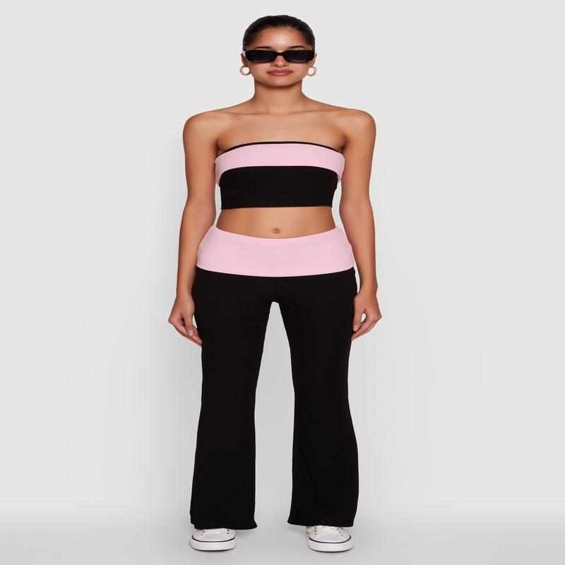 Stylish Rib Knit Contrast Fold Over Bootcut Pants