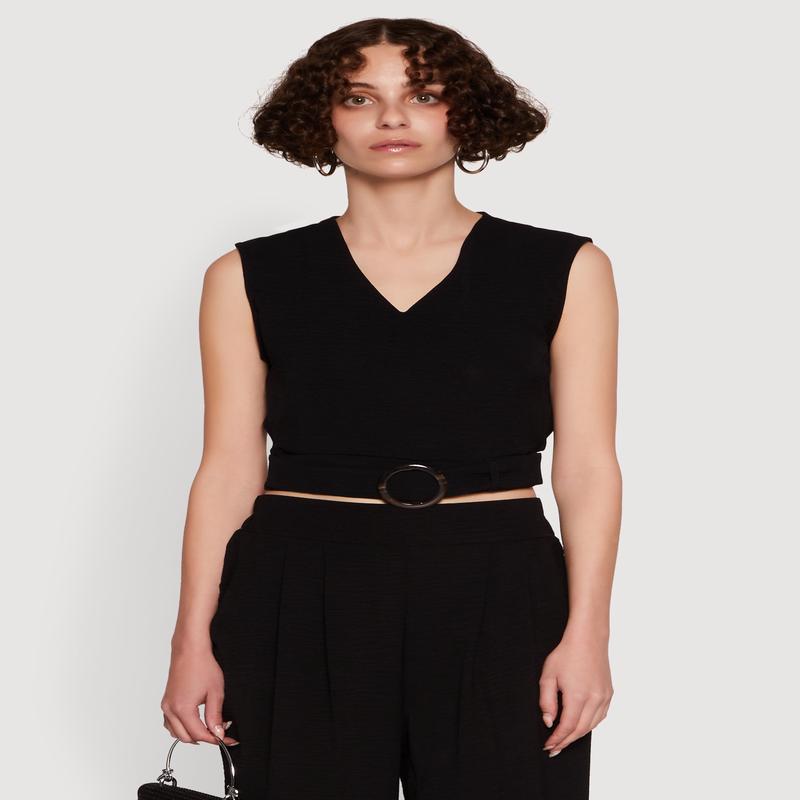 Chic Crepe Knit V Neck Sleeveless Crop Top with Belted Front