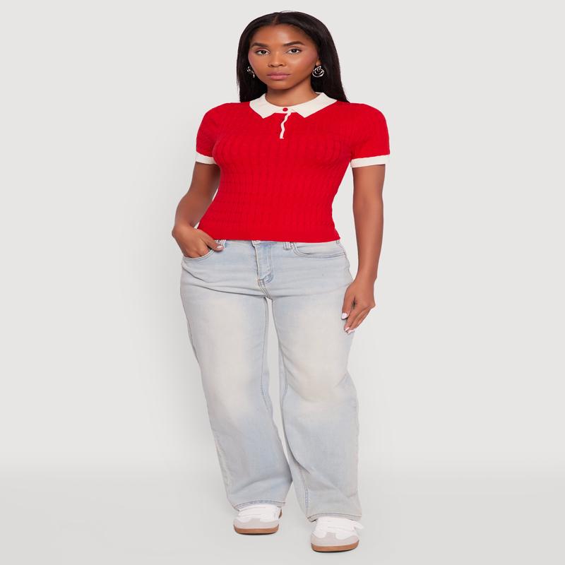 Contrast Trim Cable Knit Sweater Polo