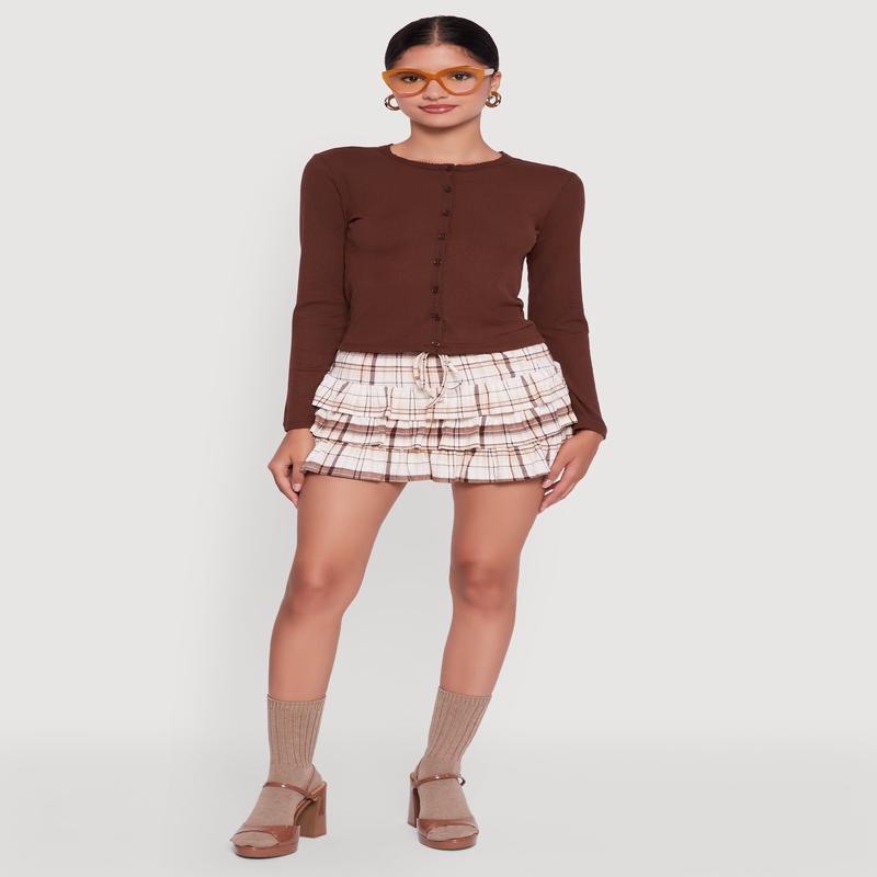 Plaid Drawstring Waist Tiered Mini Skirt