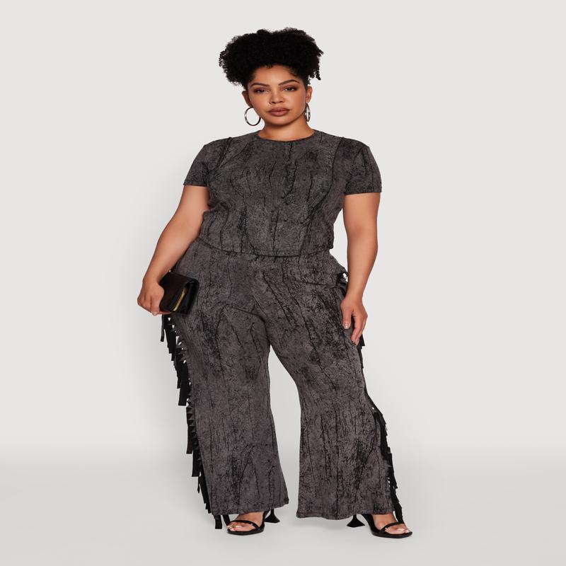 Plus Size Acid Wash High Waisted Wide Leg Pants