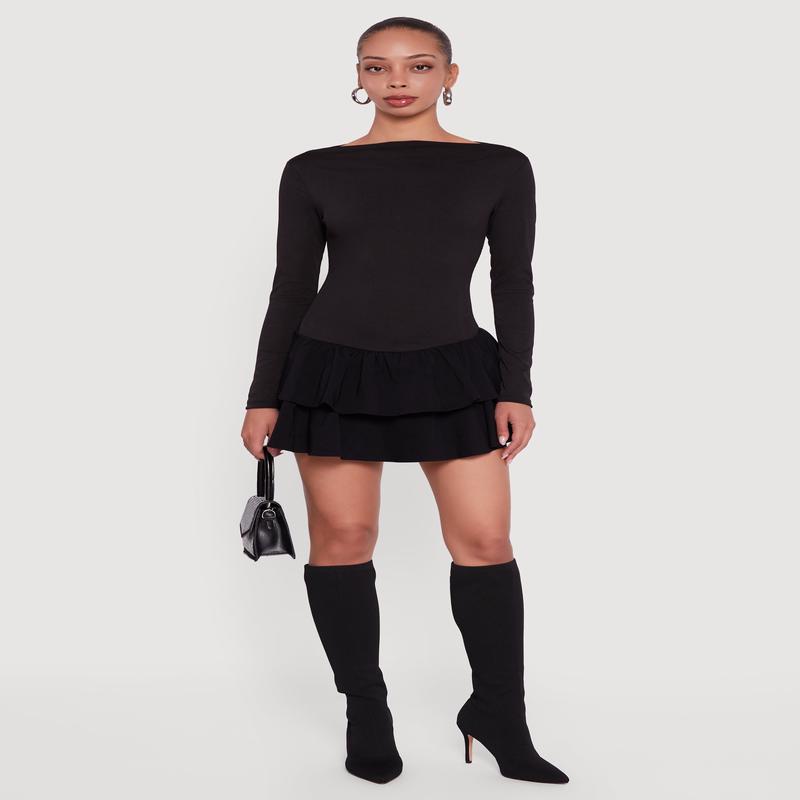 Rib Knit Long Sleeve Ruffle Tiered Mini Dress
