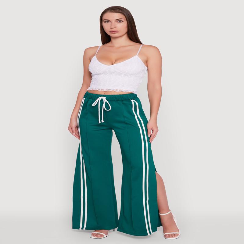 Varsity Stripe Side Slit Pintuck Wide Leg Pants
