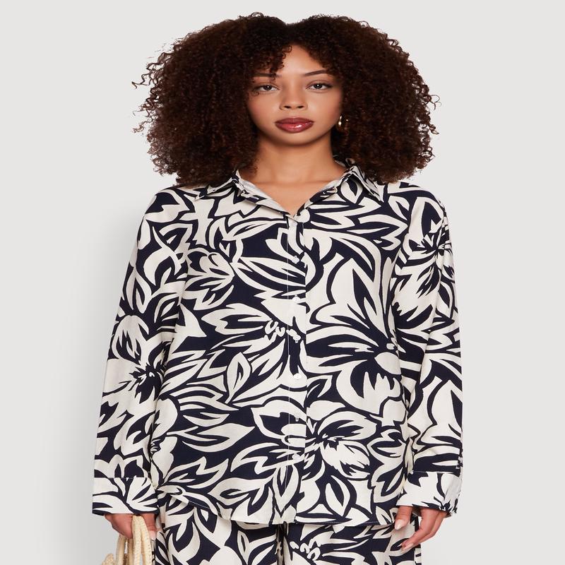 Floral Print Crepe Knit Button Front Blouse