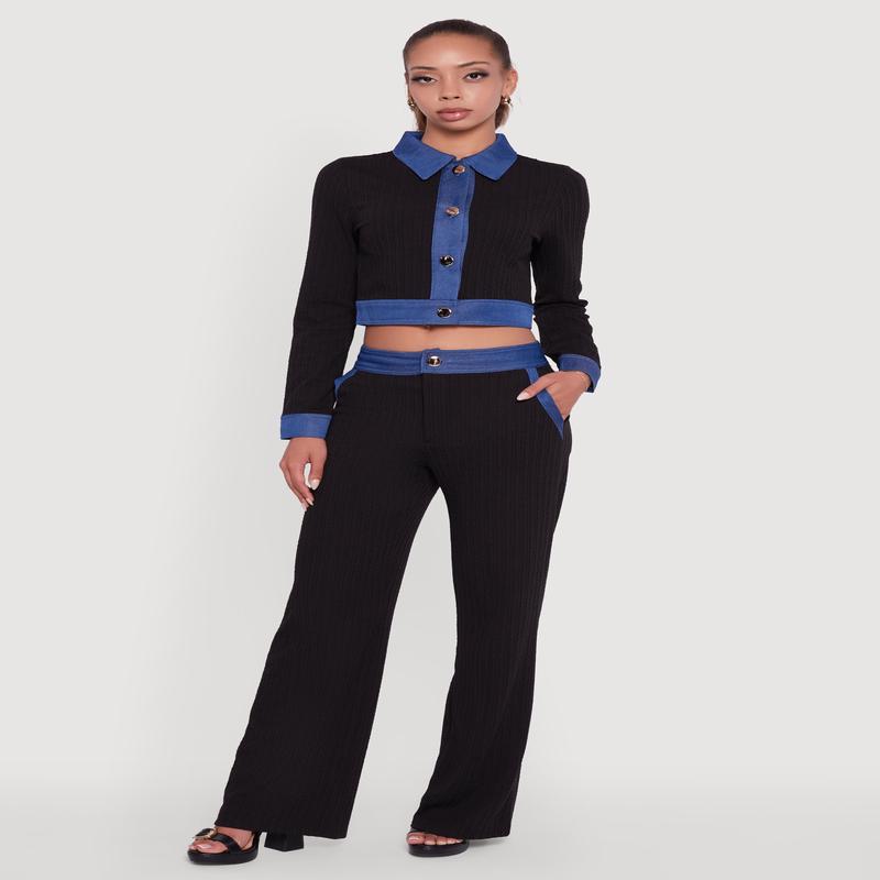 Mid Rise Straight Leg Denim Trim Pants with Pockets