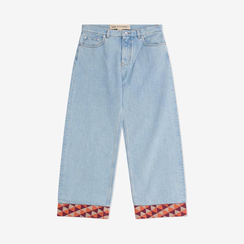 Valentino - Mens Denim Trousers With Jacquard Hem - (Light Denim)