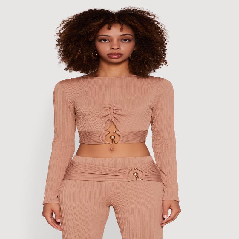 Cut Out Metallic Detail Long Sleeve Crop Top
