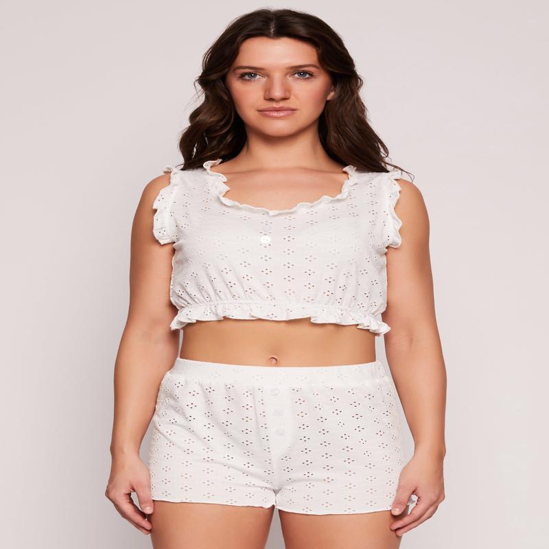 Eyelet Ruffled Pajama Crop Top and Shorts