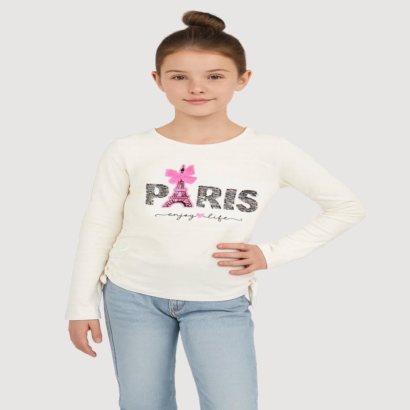 Girls Side Ruched Long Sleeve Sequin Graphic Tee
