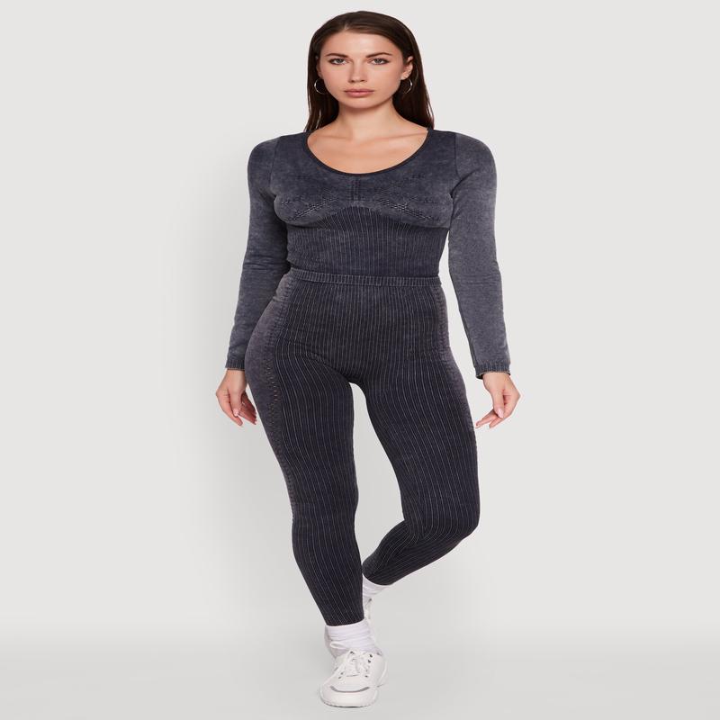 High Waisted Acid Wash Ribbed Knit Seamless Leggings