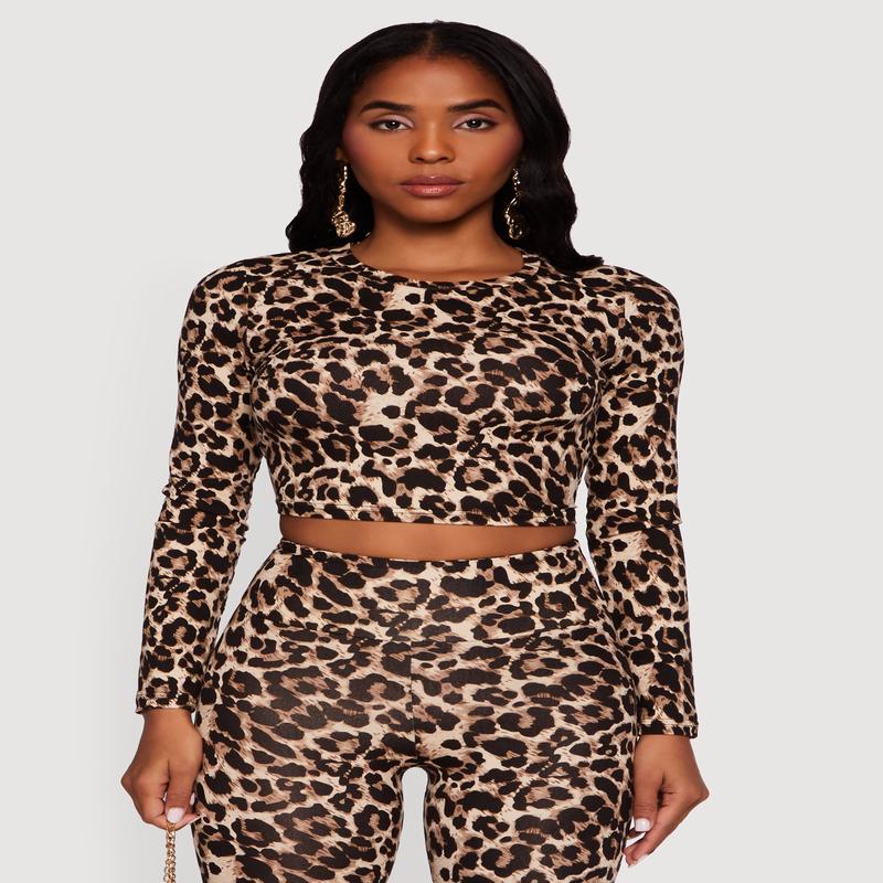 Leopard Print Long Sleeve Crop Top