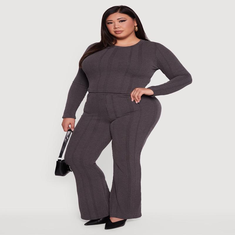 Plus Size Shadow Stripe Rib Knit Flare Leg Pants