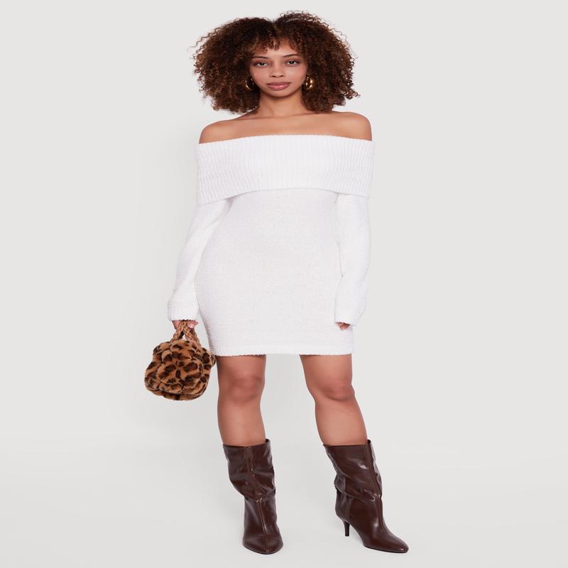 Eyelash Knit Fold Over Off the Shoulder Sweater Dress