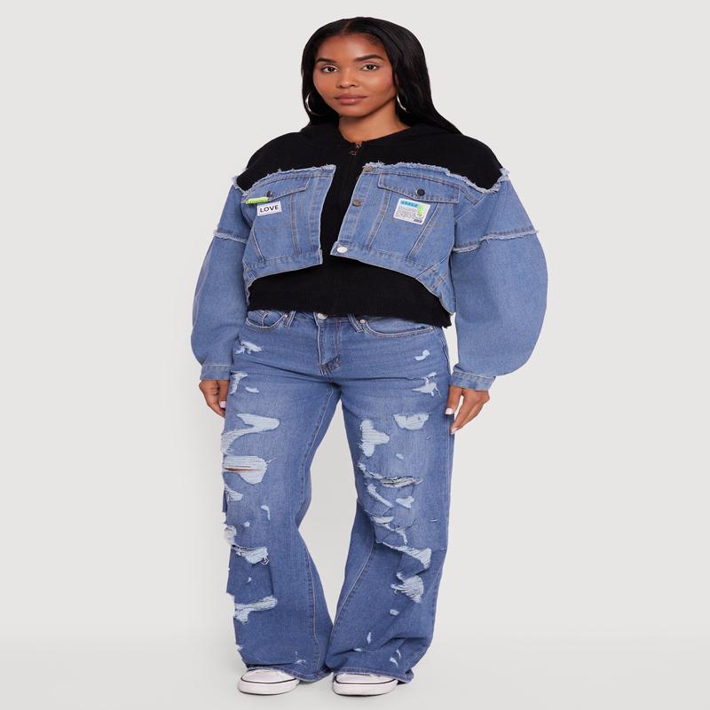 Hooded Sweater Insert Layered Look Denim Jacket