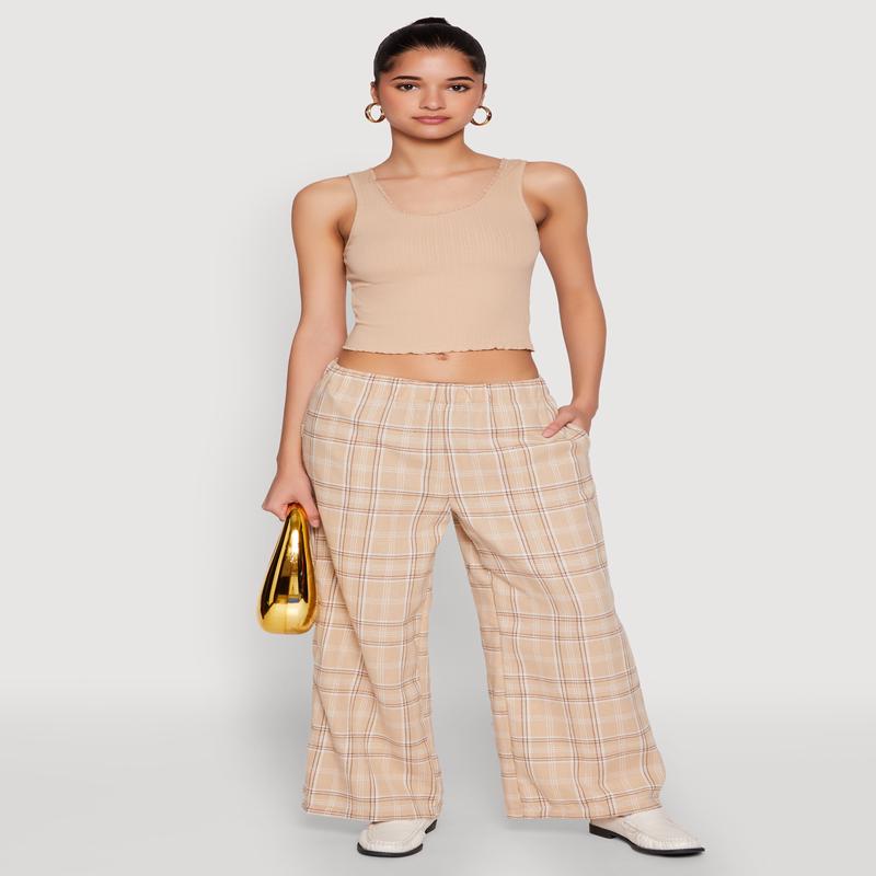 Plaid Brushed Knit Wide Leg Dress Pants