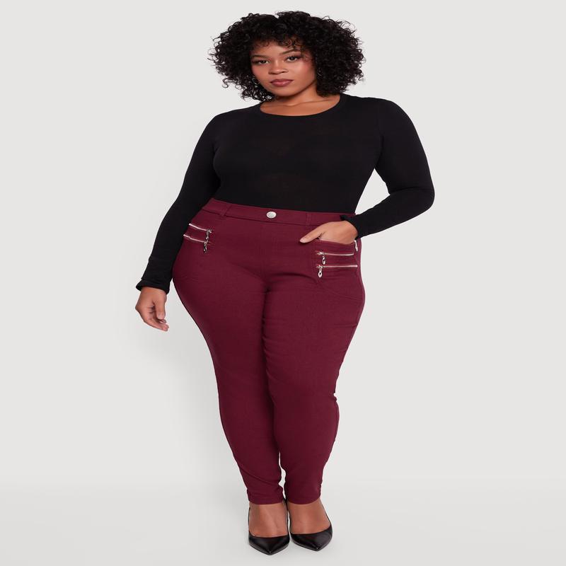 Plus Size Faux Zip Pocket Pull On Dress Pants