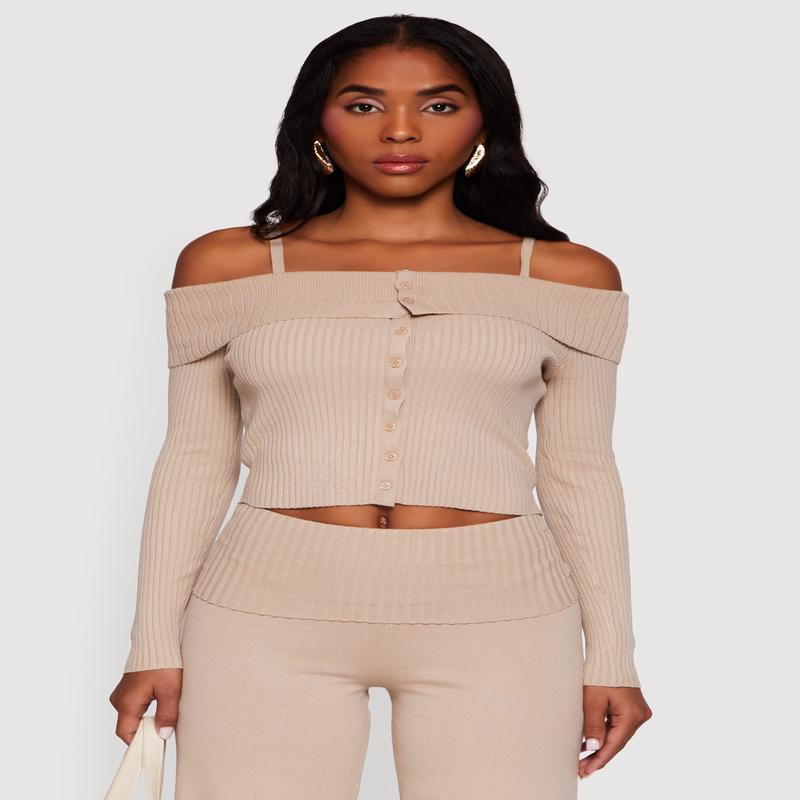 Rib Knit Cropped Fold Over Cold Shoulder Sweater