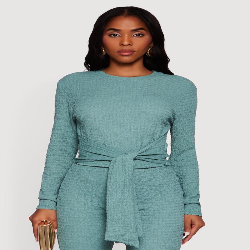 Textured Knit Tie Front Long Sleeve Blouse