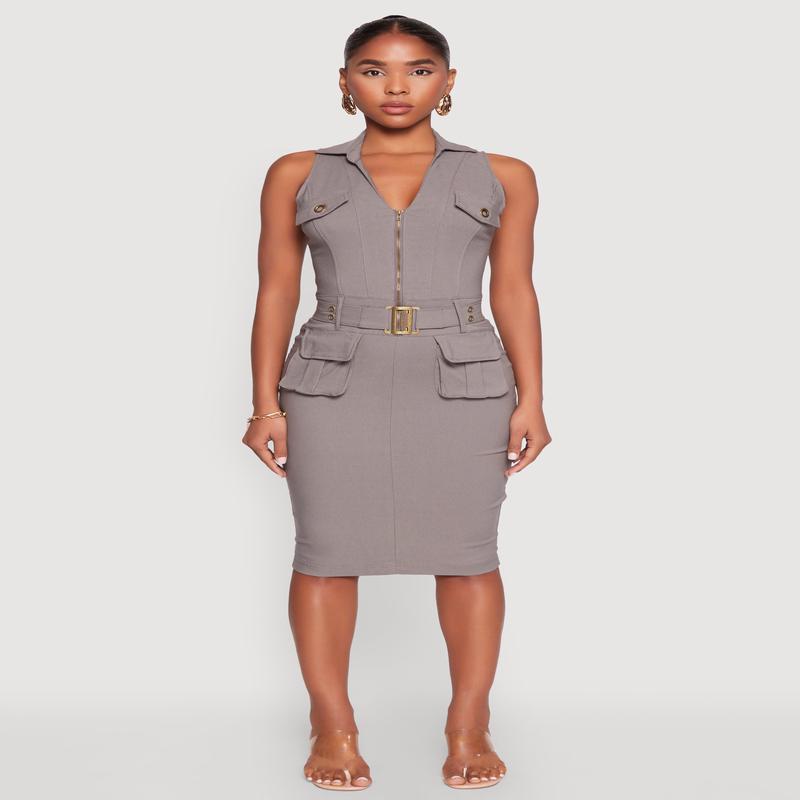 Zip Front Belted Cargo Dress