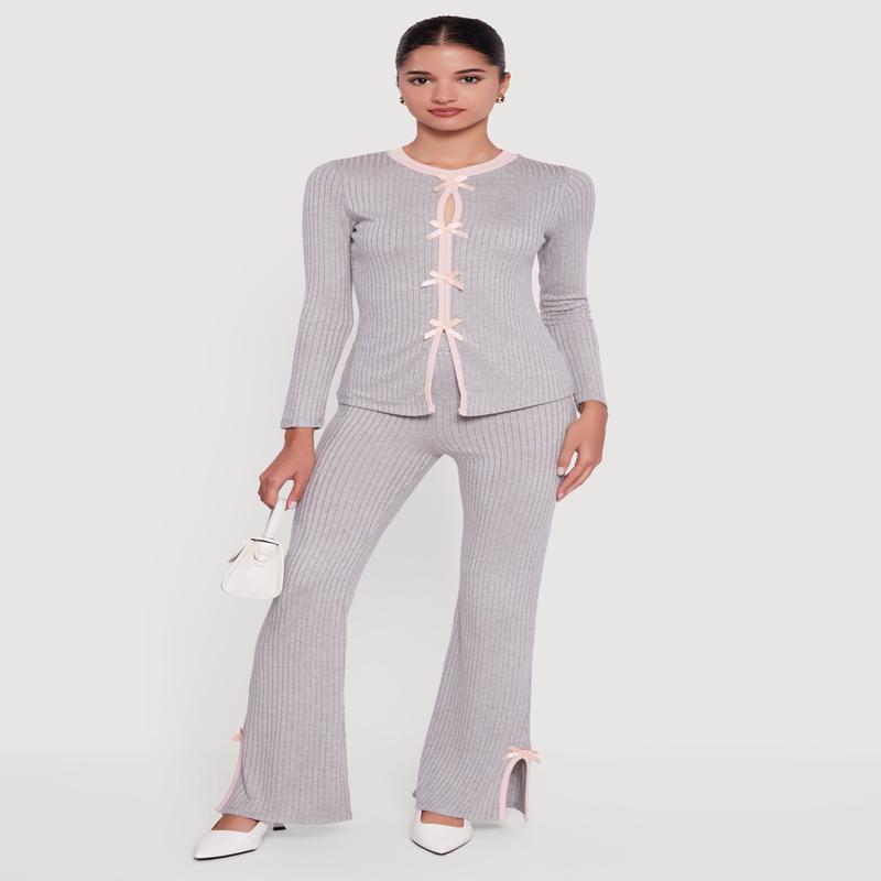 High Waisted Slim Bootcut Pants with Bows