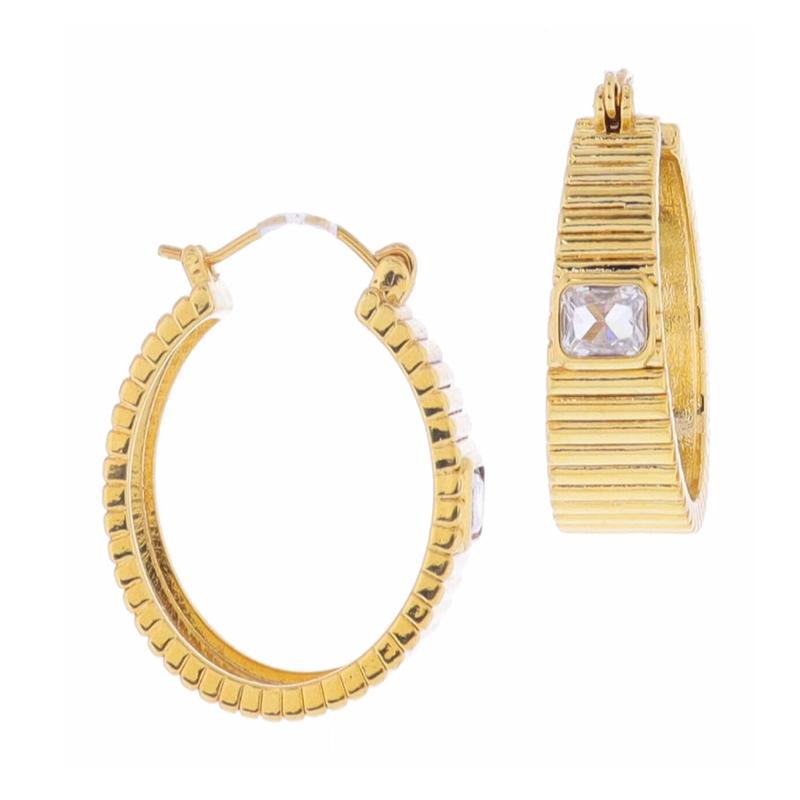 Jane Marie 18K Gold Plated Wide Lined Hoop with Clear Rectangle Crystal Accent Earrings