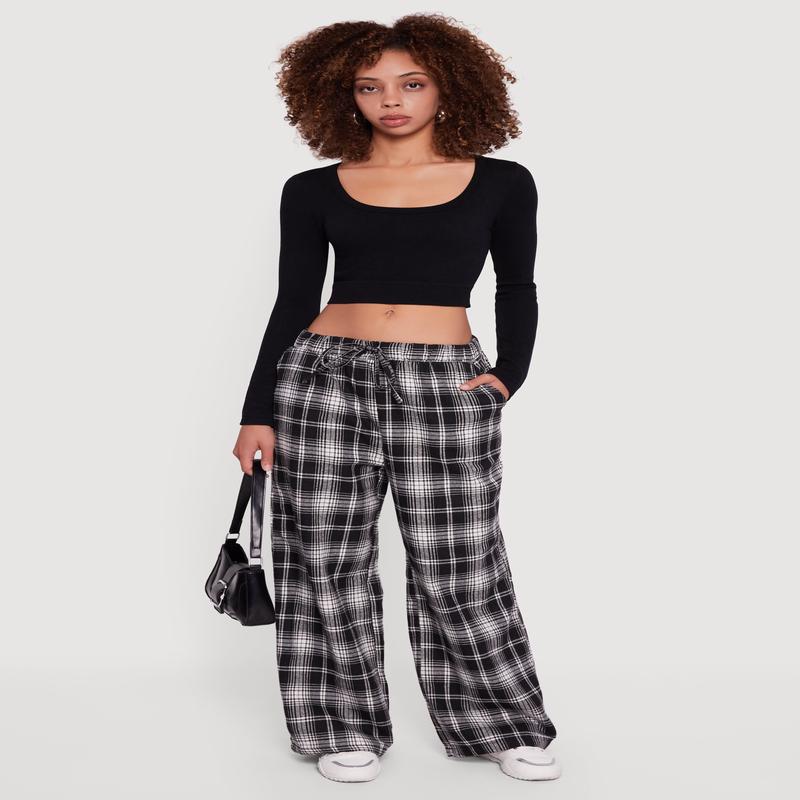 Plaid Mid Rise Wide Leg Lounge Pants