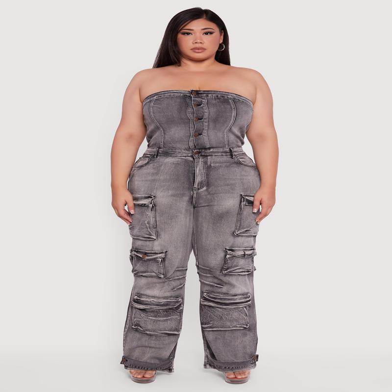 Plus Size Acid Wash Cargo Pocket Button Front Jumpsuit
