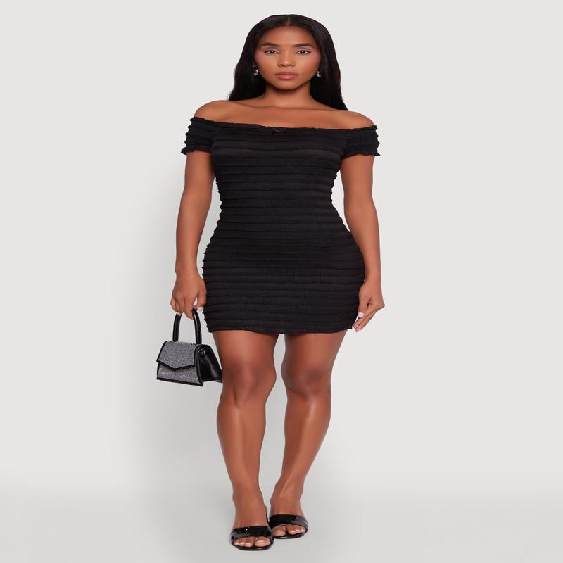 Textured Knit Bow Detail Off The Shoulder Dress