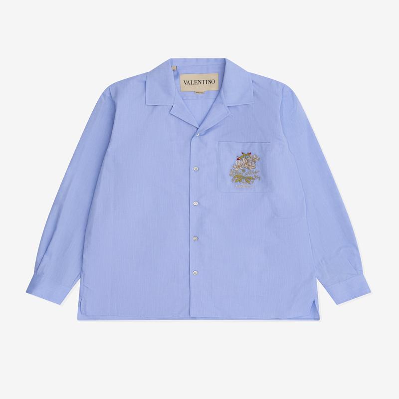 Valentino - Mens Oxford Cotton Shirt With Floral Embroidery - (Blue)