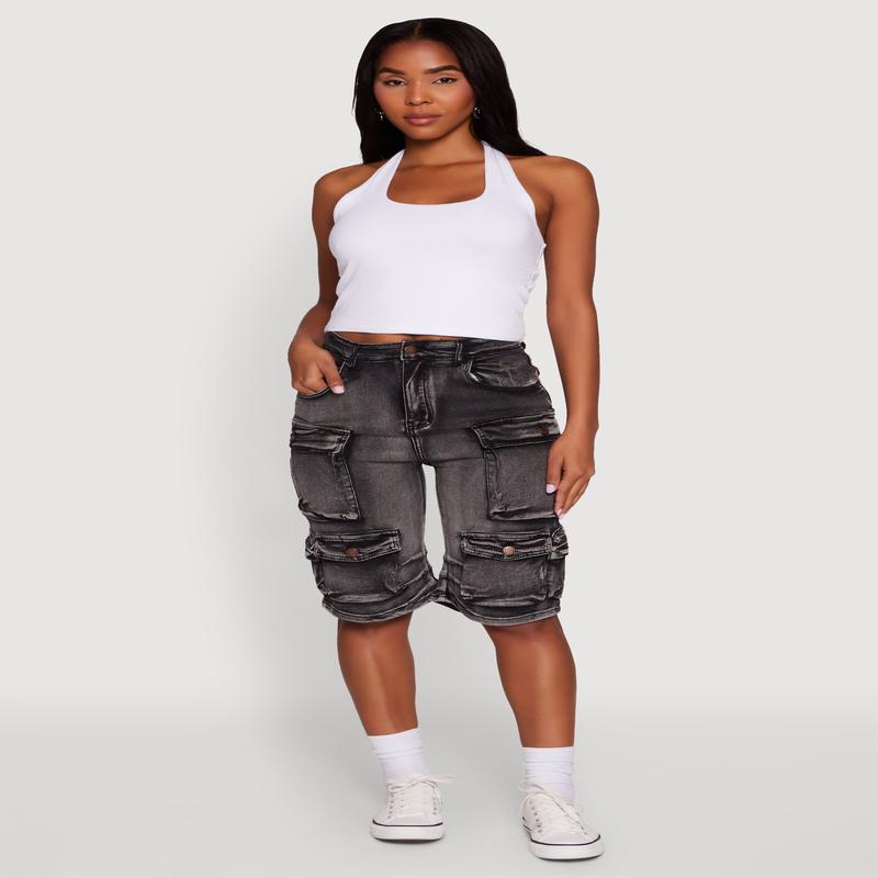 Daisy High Waisted Acid Wash Denim Cargo Shorts