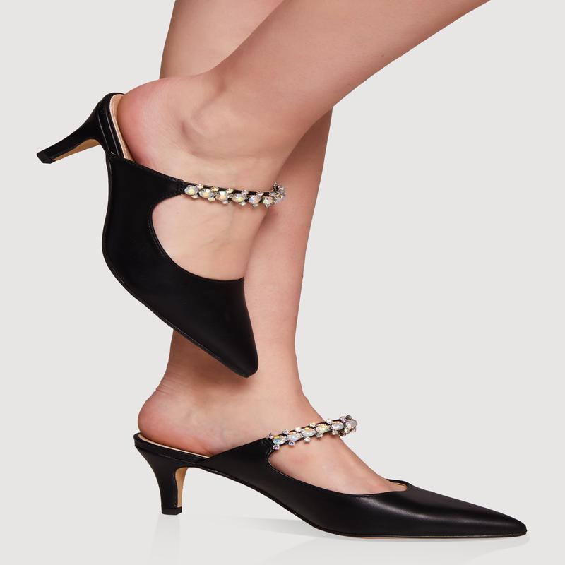 Rhinestone Strap Mid Heel Mules