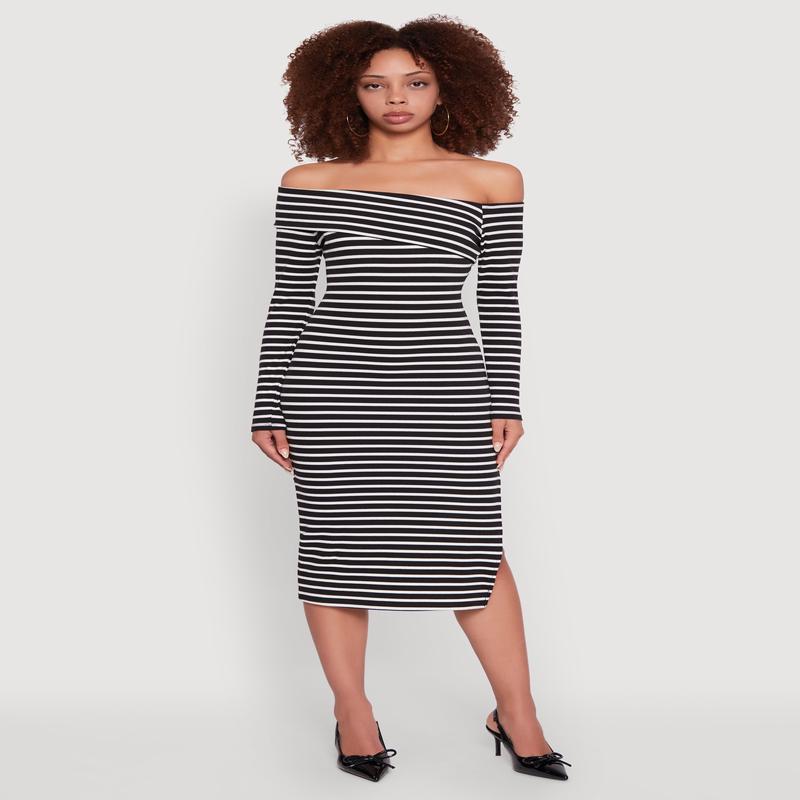 Striped Asymmetrical Fold Over Off The Shoulder Side Slit Dress