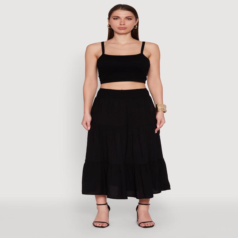 Trendy Smocked High Waist Tiered Midi Skirt